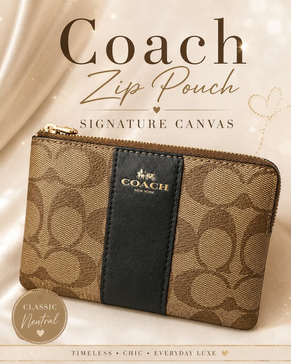 Coach Signature Canvas Zip Pouch Brown Black Leather Stripe Wallet 6 Inch